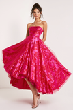 Fuchsia Floral Jacquard Strapless Long Prom Dress