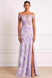 Lilac Floral Corset Long Mermaid Appliqued Prom Dress with Slit