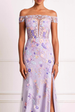 Lilac Floral Corset Long Mermaid Appliqued Prom Dress with Slit