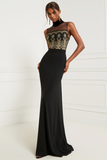 Black Floral High Neck Mermaid Sleeveless Long Evening Dress