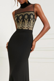 Black Floral High Neck Mermaid Sleeveless Long Evening Dress