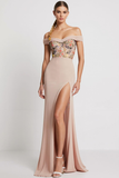 Blush Pink Chiffon Floral Corset Mermaid Prom Dress with Slit