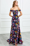 Black Floral Corset Embroidered Mermaid Long Prom Dress with Slit