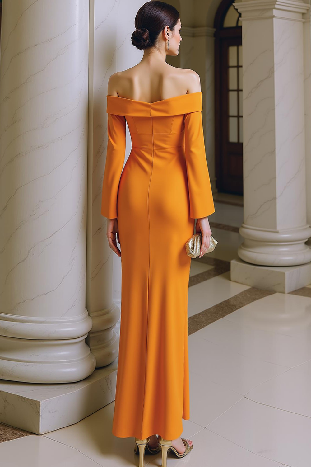 Orange Off the Shoulder Sheath Long Formal Dress with Sleeves