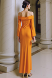 Orange Off the Shoulder Sheath Long Formal Dress with Sleeves