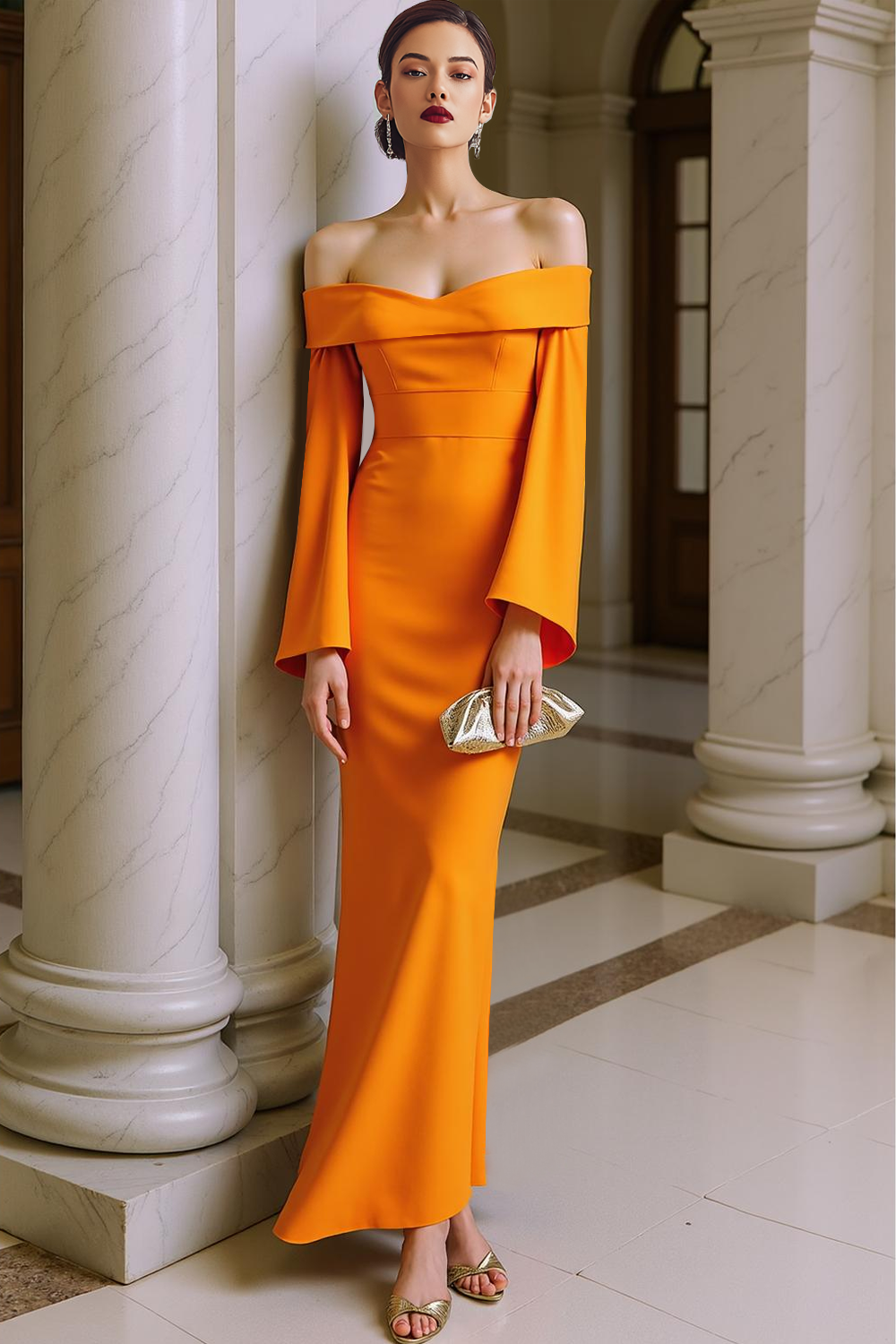 Orange Off the Shoulder Sheath Long Formal Dress with Sleeves