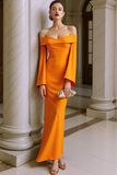 Orange Off the Shoulder Sheath Long Formal Dress with Sleeves