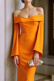 Orange Off the Shoulder Sheath Long Formal Dress with Sleeves