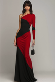 Elegant Black Red Mermaid One Shoulder Long Formal Dress