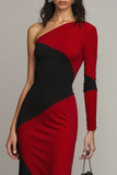 Elegant Black Red Mermaid One Shoulder Long Formal Dress