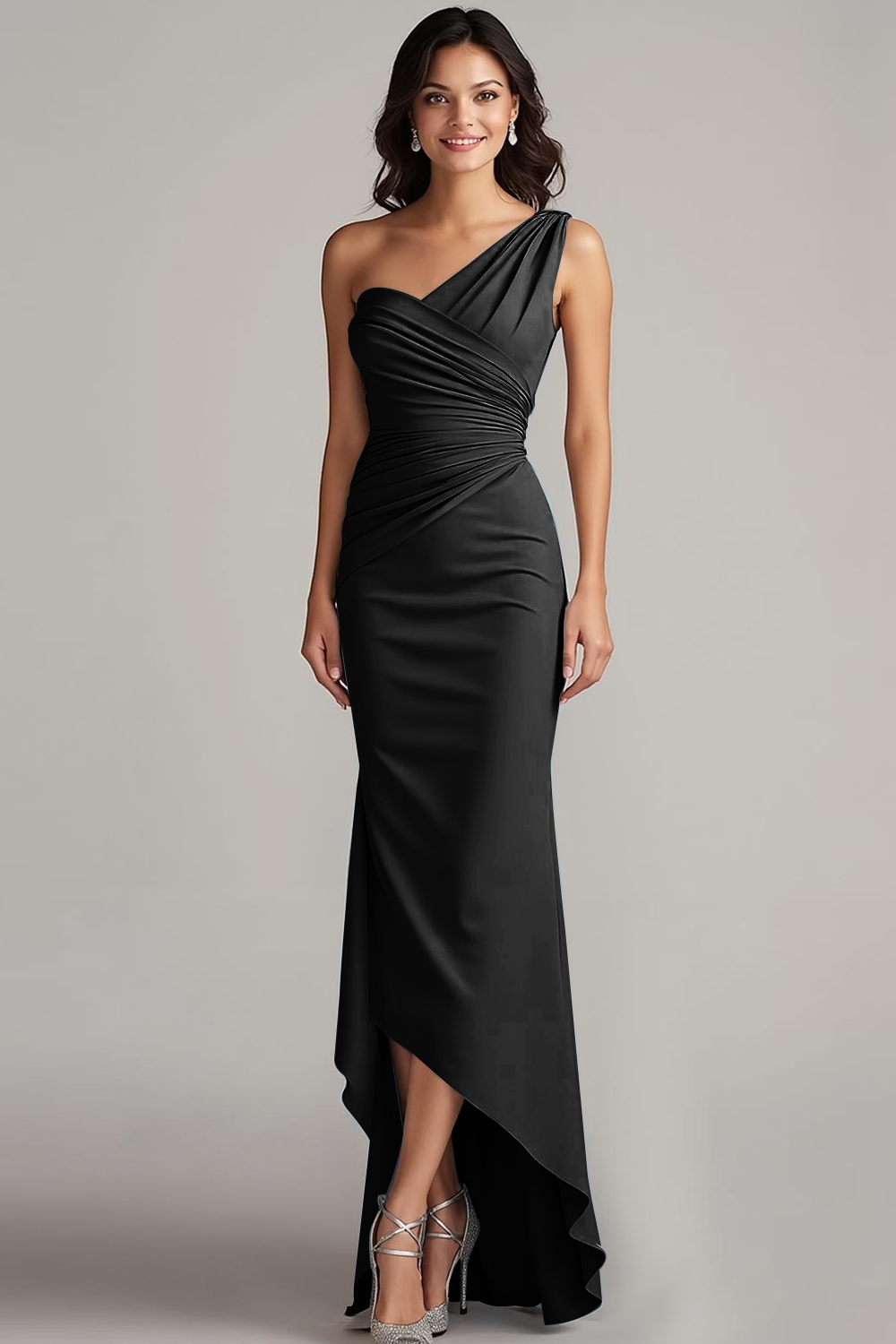 Dusty Blue One Shoulder Ruched High Low Evening Dress