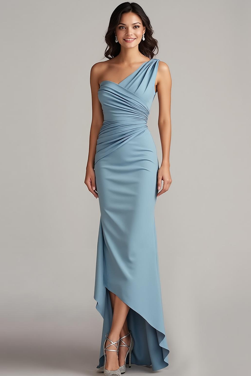 Dusty Blue One Shoulder Ruched High Low Evening Dress