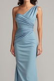 Dusty Blue One Shoulder Ruched High Low Evening Dress