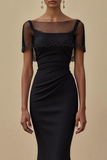 Black Mermaid Bateau Neck Ruched Long Formal Dress
