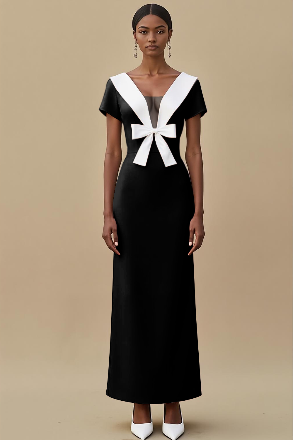 Black White Sheath Deep V-Neck Long Formal Dress with Bow