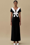 Black White Sheath Deep V-Neck Long Formal Dress with Bow