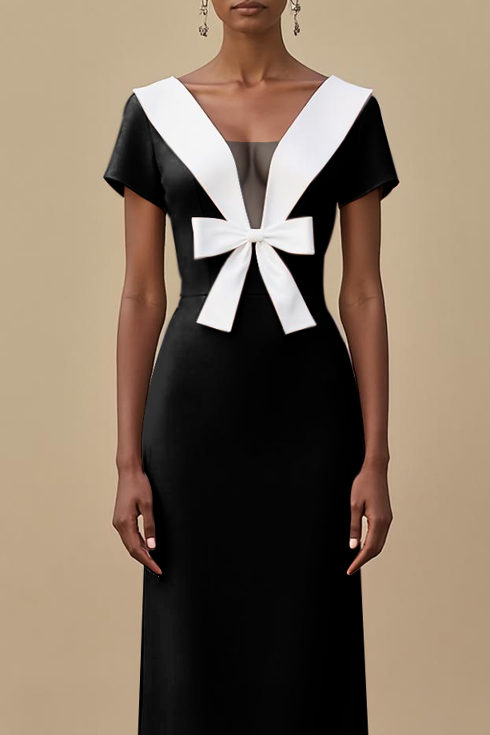 Black White Sheath Deep V-Neck Long Formal Dress with Bow