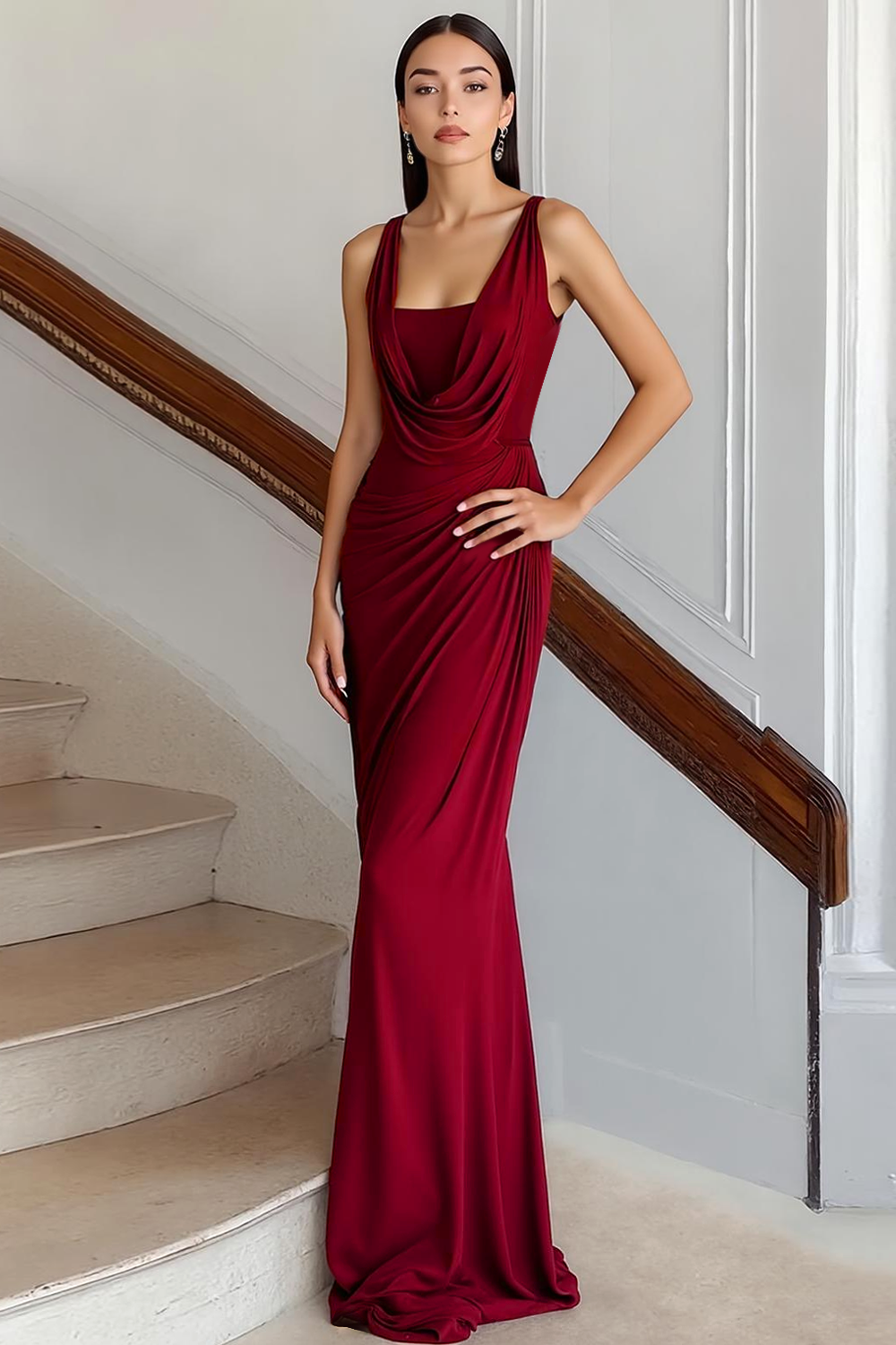 Burgundy Cowl Neck Flowy Chiffon Maxi Evening Dress