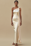 Ivory Satin One Shoulder Maxi Evening Dress with Side Cape