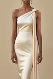 Ivory Satin One Shoulder Maxi Evening Dress with Side Cape