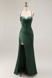 Dark Green Corset Long Mermaid Satin Wedding Guest Dress with Slit