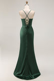 Dark Green Corset Long Mermaid Satin Wedding Guest Dress with Slit