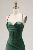 Dark Green Corset Long Mermaid Satin Wedding Guest Dress with Slit