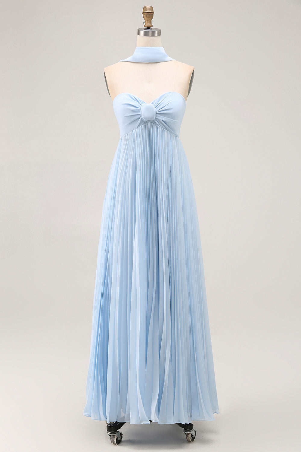 Sky Blue A Line Neck Scarf Sweetheart Pleated Maxi Bridesmaid Dress
