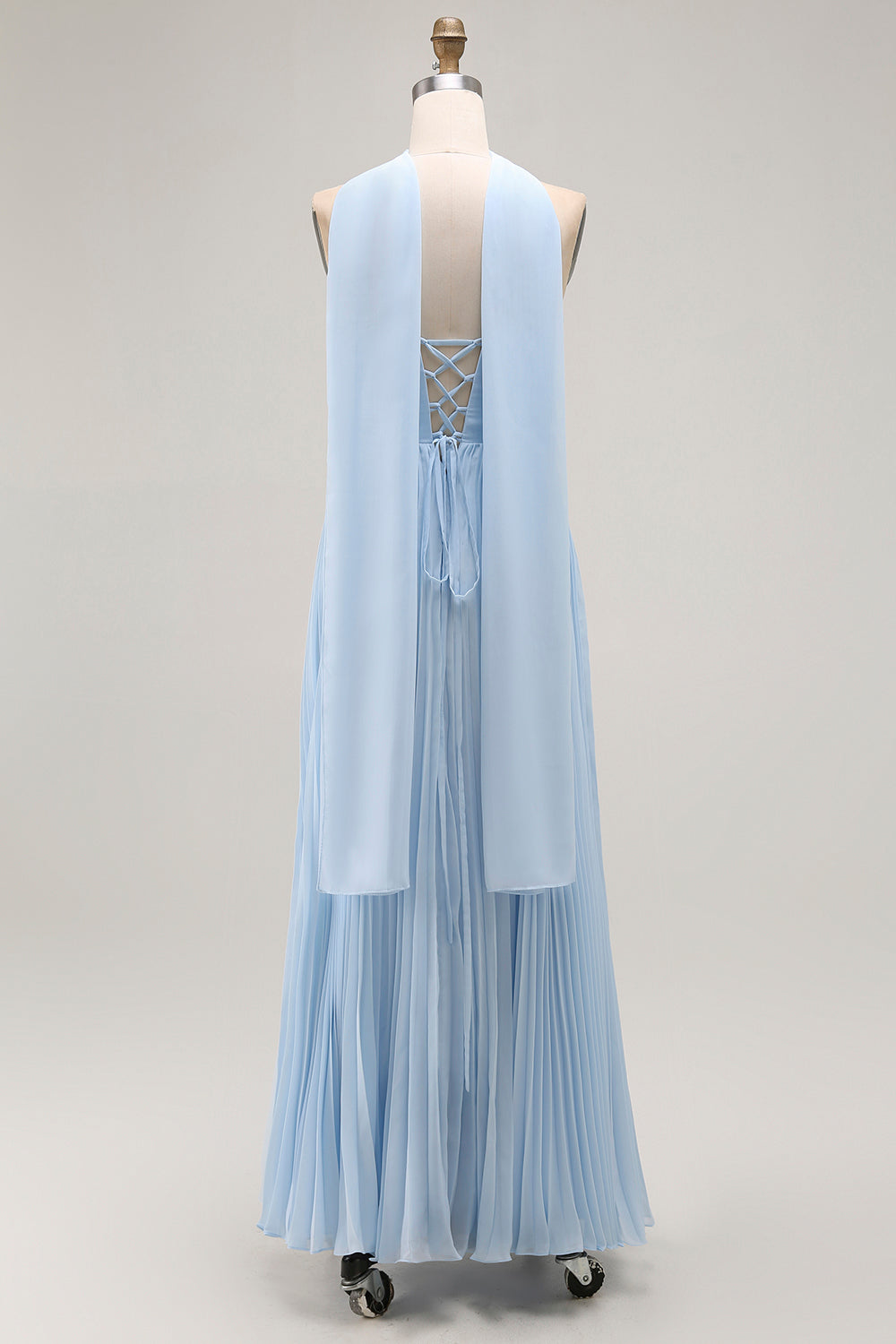 Sky Blue A Line Neck Scarf Sweetheart Pleated Maxi Bridesmaid Dress