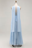 Sky Blue A Line Neck Scarf Sweetheart Pleated Maxi Bridesmaid Dress