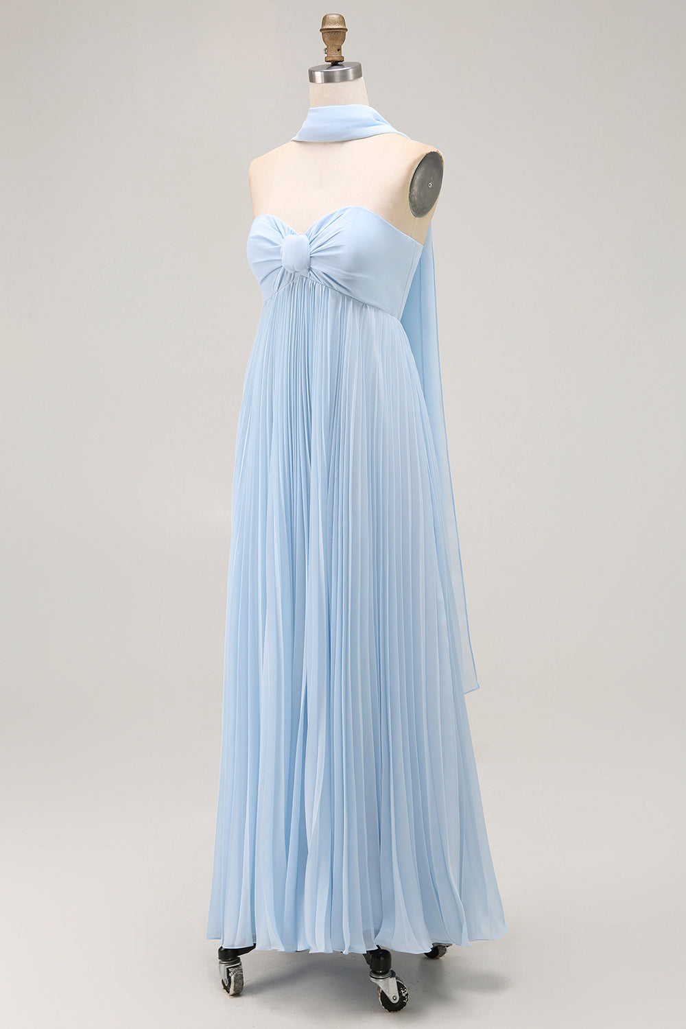 Sky Blue A Line Neck Scarf Sweetheart Pleated Maxi Bridesmaid Dress