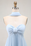 Sky Blue A Line Neck Scarf Sweetheart Pleated Maxi Bridesmaid Dress