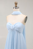 Sky Blue A Line Neck Scarf Sweetheart Pleated Maxi Bridesmaid Dress