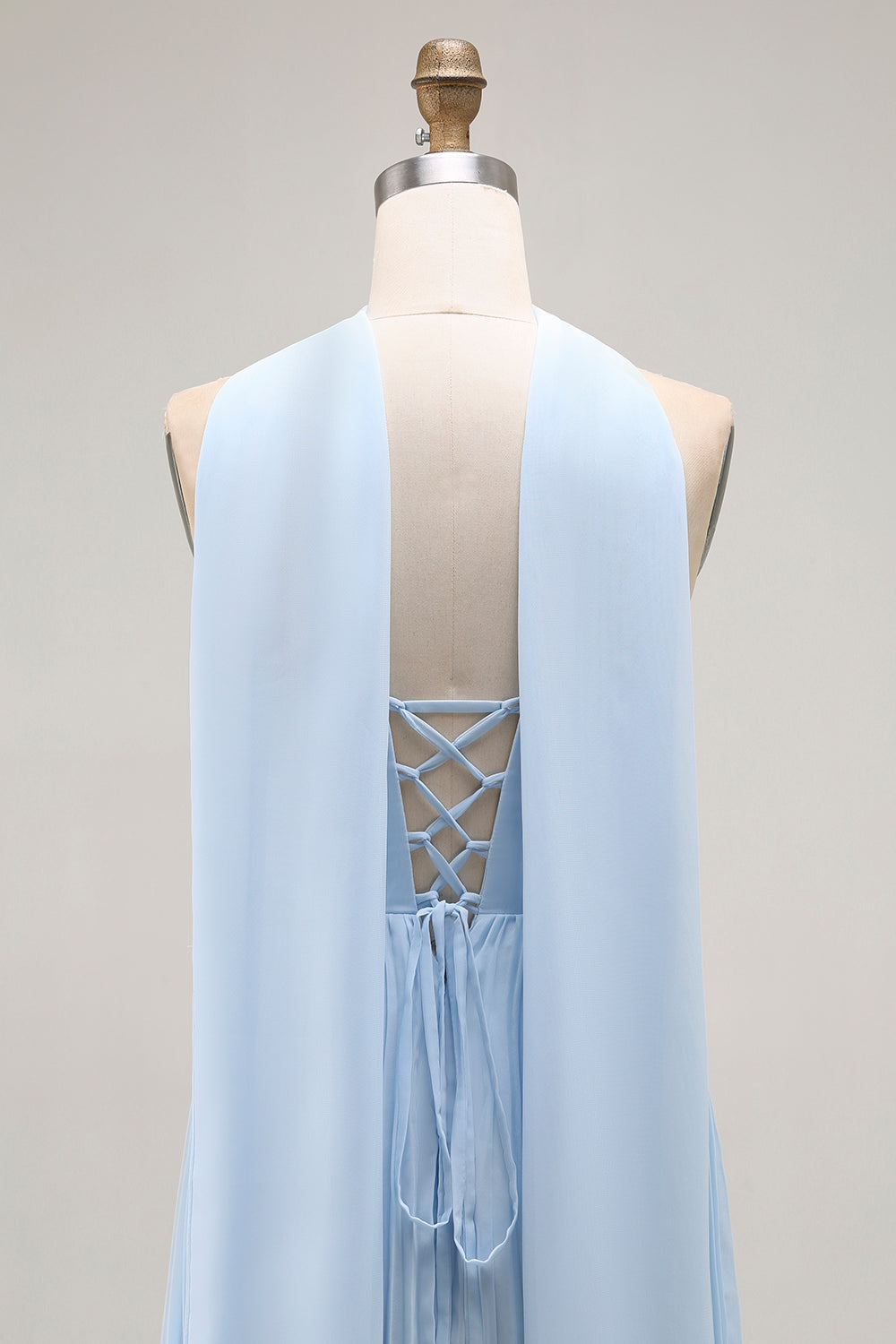 Sky Blue A Line Neck Scarf Sweetheart Pleated Maxi Bridesmaid Dress
