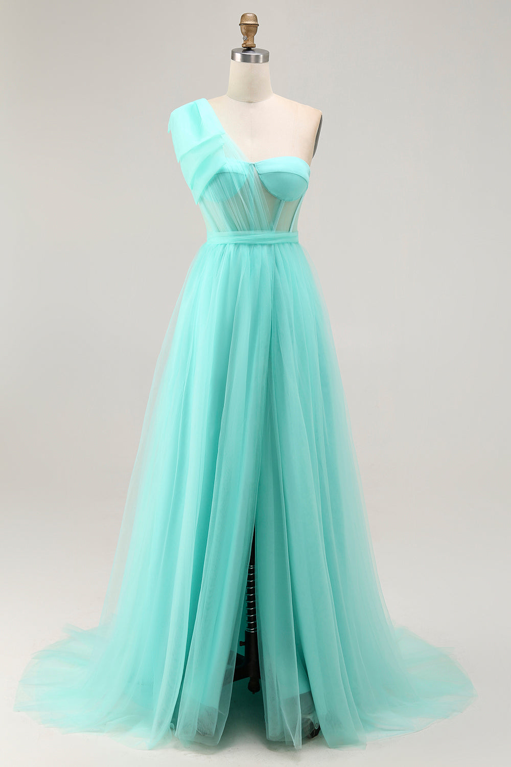 Mint Green Corset Long One Shoulder Tulle Wedding Guest Dress with Slit