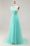 Mint Green Corset Long One Shoulder Tulle Wedding Guest Dress with Slit