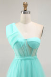 Mint Green Corset Long One Shoulder Tulle Wedding Guest Dress with Slit