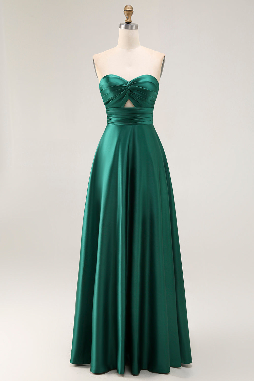 Dark Green Satin Strapless Keyhole Maxi Wedding Guest Dress