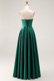 Dark Green Satin Strapless Keyhole Maxi Wedding Guest Dress