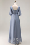 Dusty Blue Ruched Asymmetrical Long Mother of the Bride Dress with Sleeves