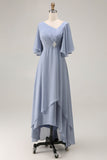 Dusty Blue Ruched Asymmetrical Long Mother of the Bride Dress with Sleeves