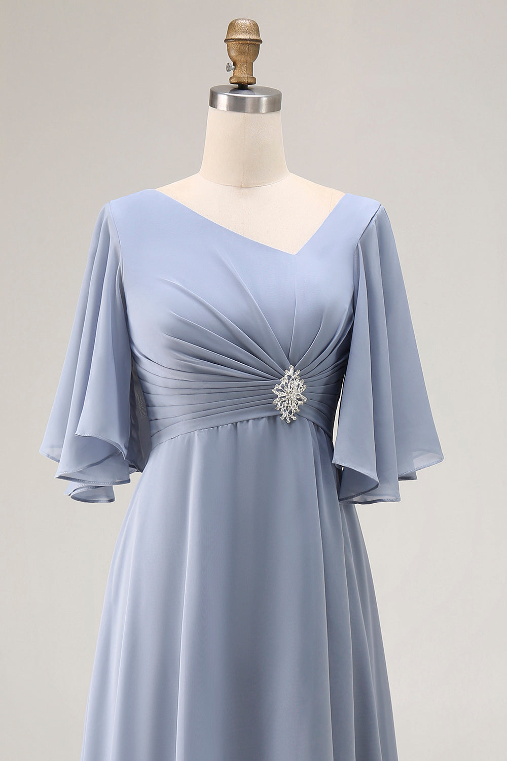 Dusty Blue Ruched Asymmetrical Long Mother of the Bride Dress with Sleeves