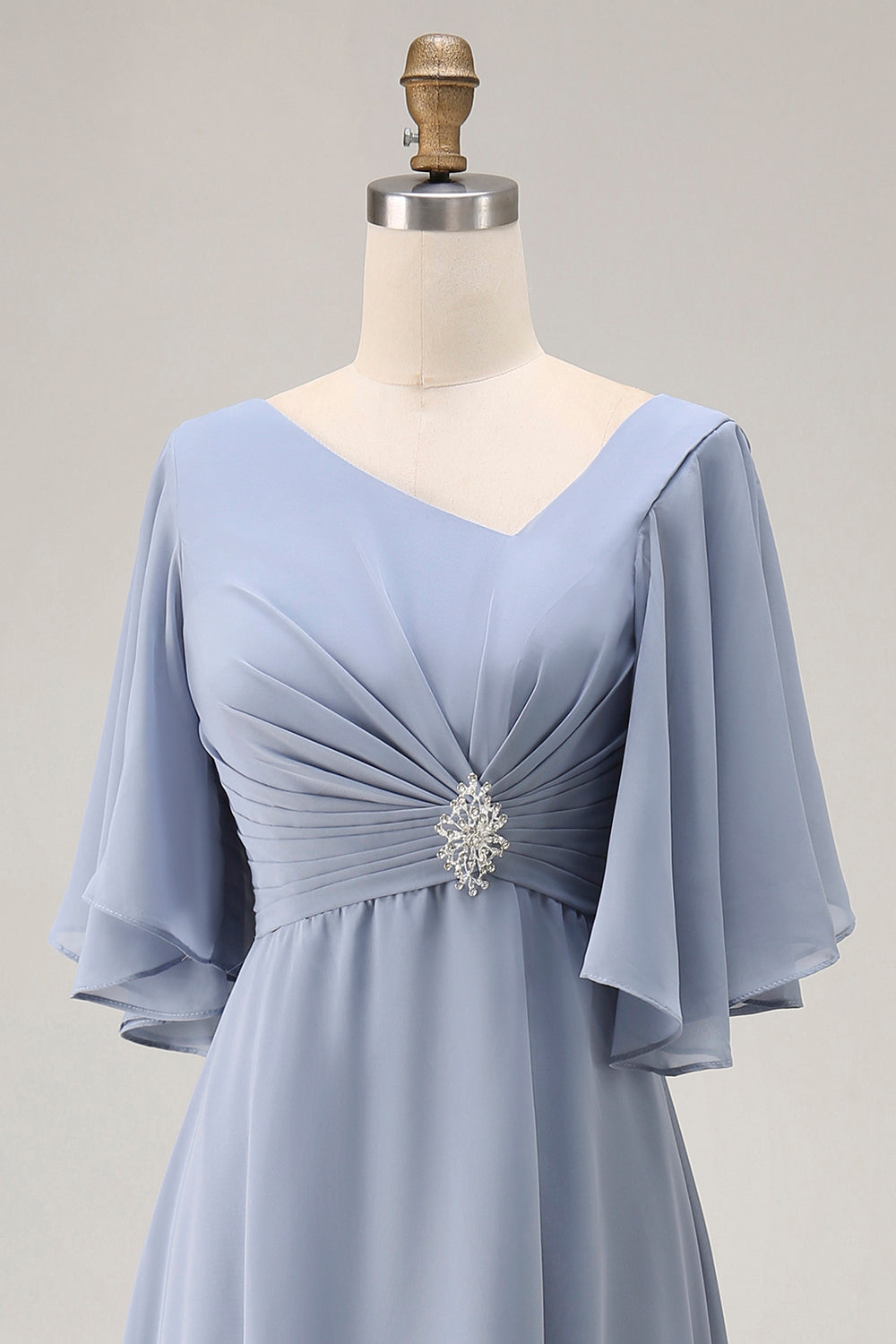 Dusty Blue Ruched Asymmetrical Long Mother of the Bride Dress with Sleeves