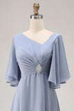 Dusty Blue Ruched Asymmetrical Long Mother of the Bride Dress with Sleeves