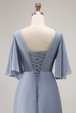 Dusty Blue Ruched Asymmetrical Long Mother of the Bride Dress with Sleeves
