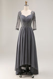 Sparkly Steel Grey High-Low Appliqued Mother of the Bride Dress with Sleeves