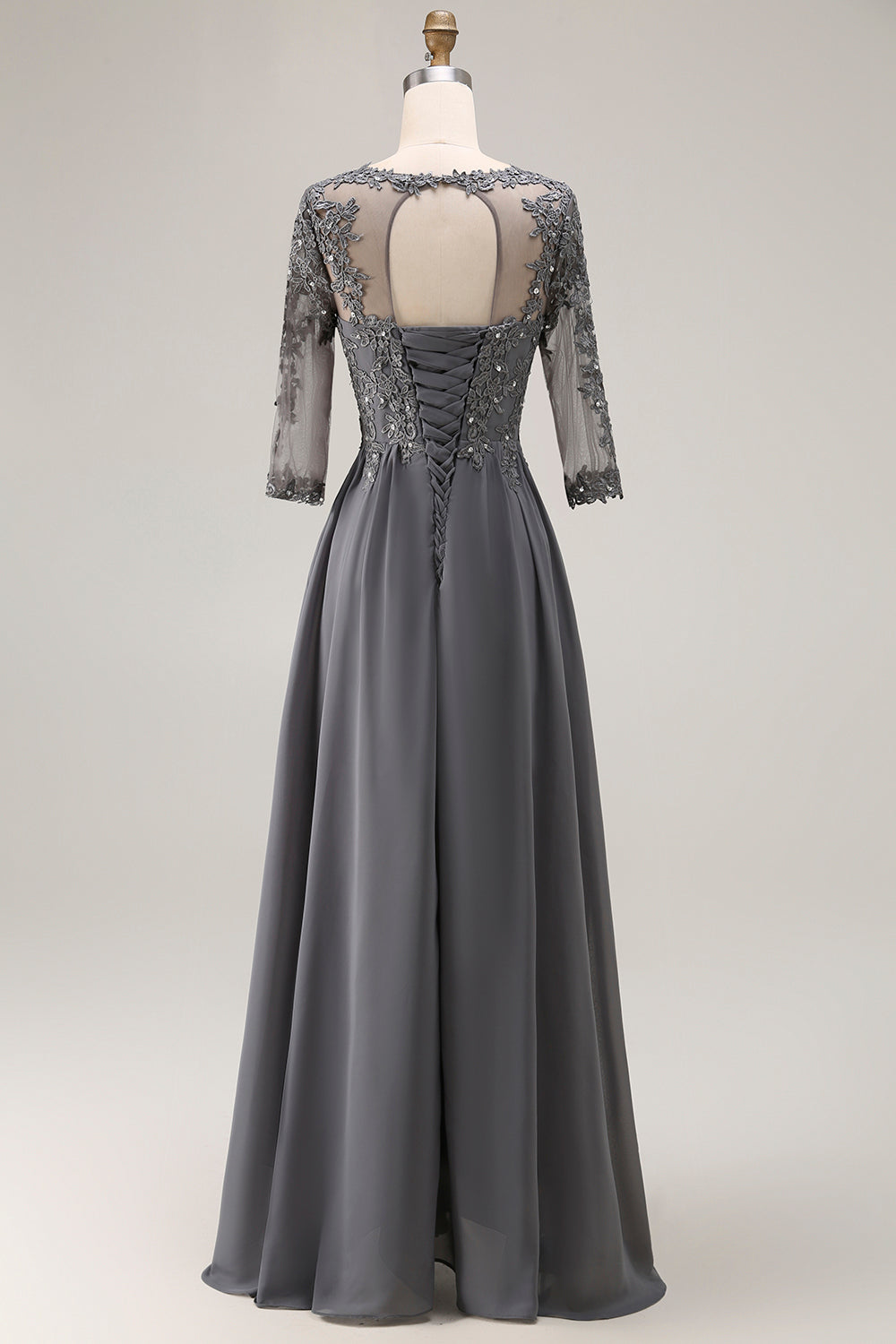 Sparkly Steel Grey High-Low Appliqued Mother of the Bride Dress with Sleeves