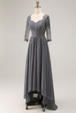 Sparkly Steel Grey High-Low Appliqued Mother of the Bride Dress with Sleeves