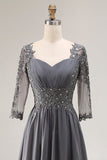 Sparkly Steel Grey High-Low Appliqued Mother of the Bride Dress with Sleeves