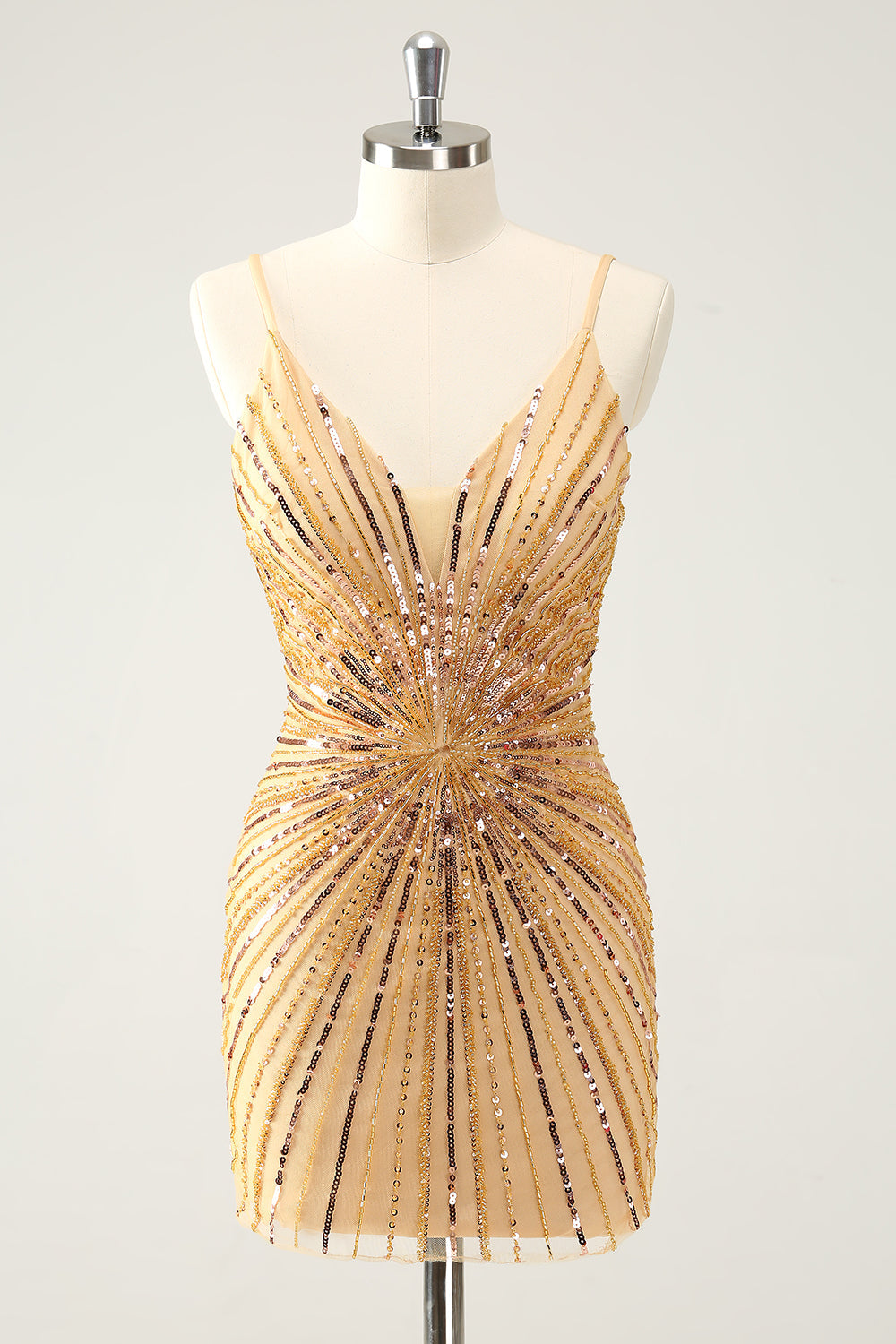 Sparkly Golden Tight Spaghetti Straps Backless Prom Dress with Sequins